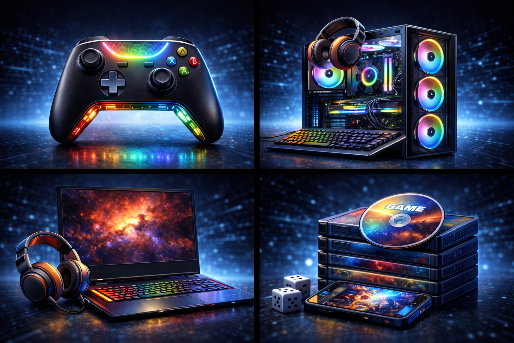 Gaming equipment that suggests gaming as a hobby