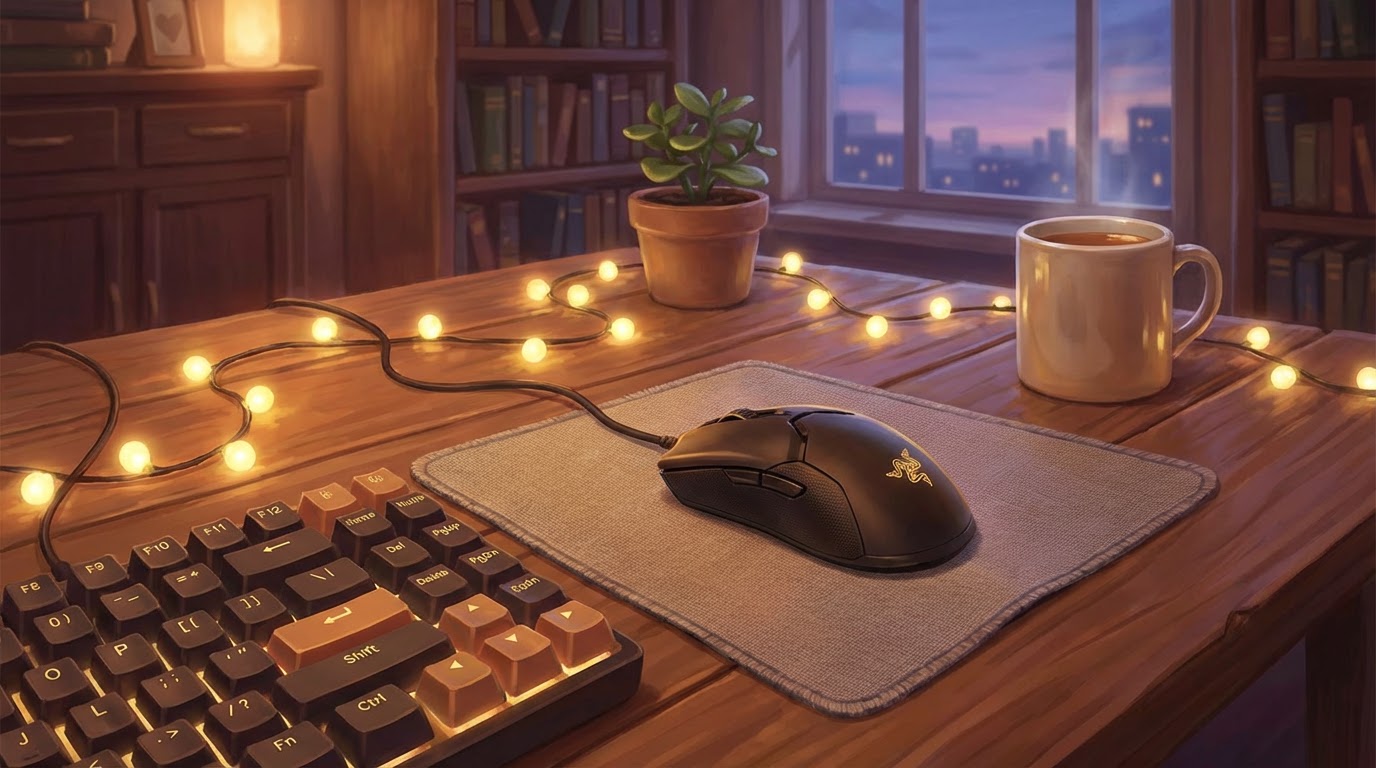 A gaming mouse and keyboard on a wooden desk with fairy lights and tea.