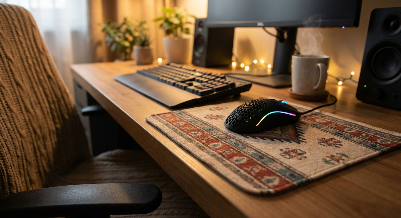 Gaming setup with RGB keyboard, mouse, and a cat curled up on a chair.