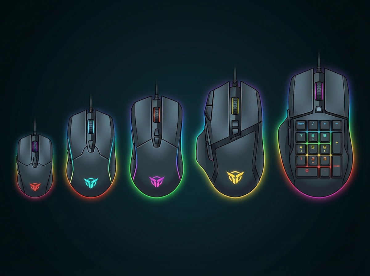 Gaming Mouse Size Comparison chart featuring Nano S, Rapid M, Goliath XL, Titan XXL, and Behemoth Max models.