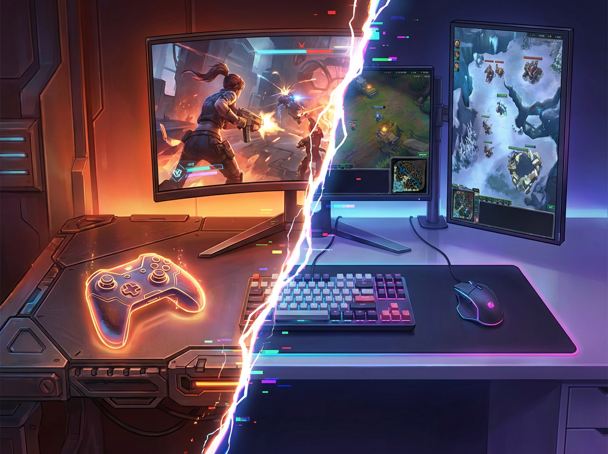 Stylized gaming setup split by energy, showing console controller and PC peripherals with various games.
