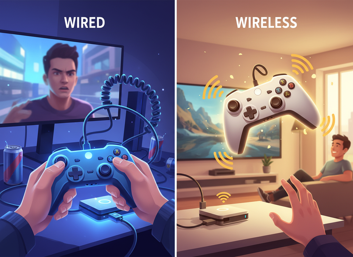 Comparison of a cluttered "WIRED" gaming setup and a clean "WIRELESS" setup with floating controller.