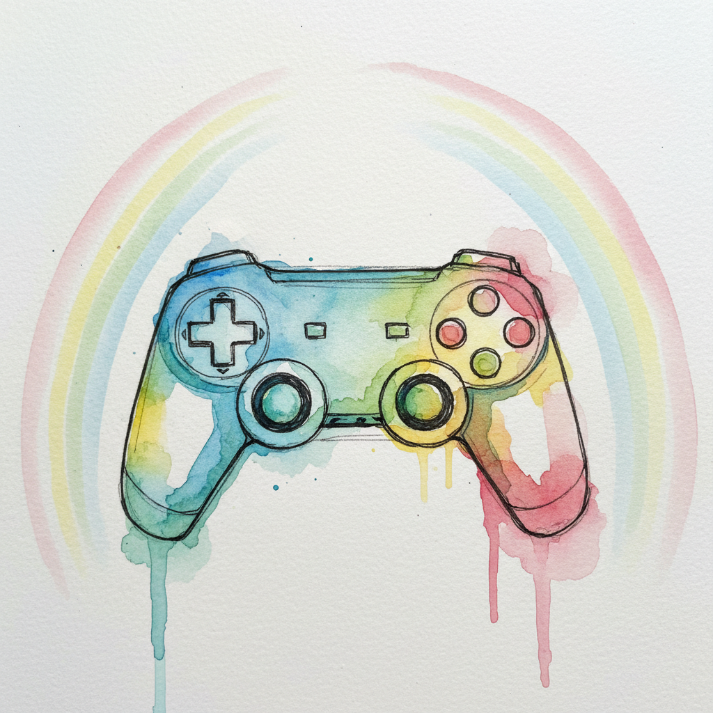 Watercolor illustration of a gaming controller with vibrant colors and a soft rainbow background arc.