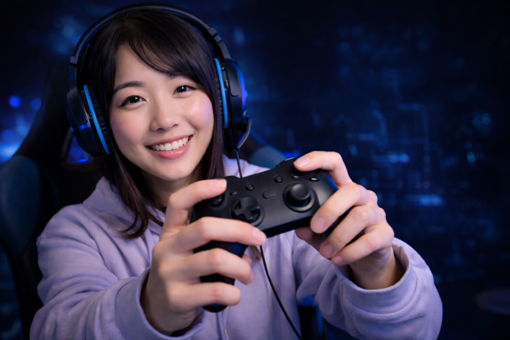 A Japanese female gamer holding a controller