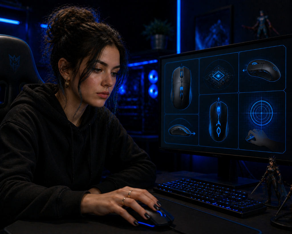 A French adult gamer touching a gaming mouse