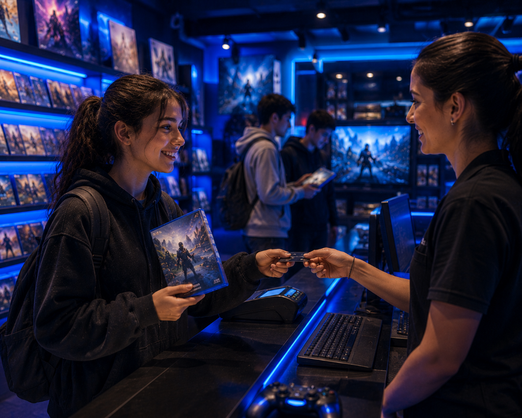 A female teenager buying a video game at a shop