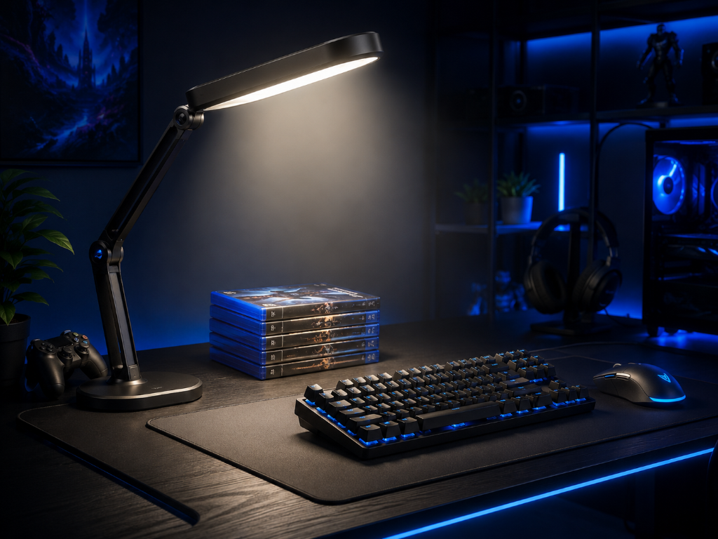 A gaming Lamp Shining on Games and a Keyboard