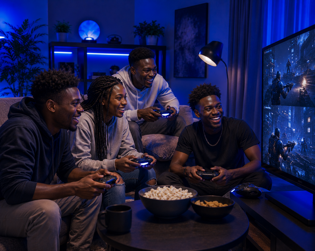 A group of adult African friends playing video games