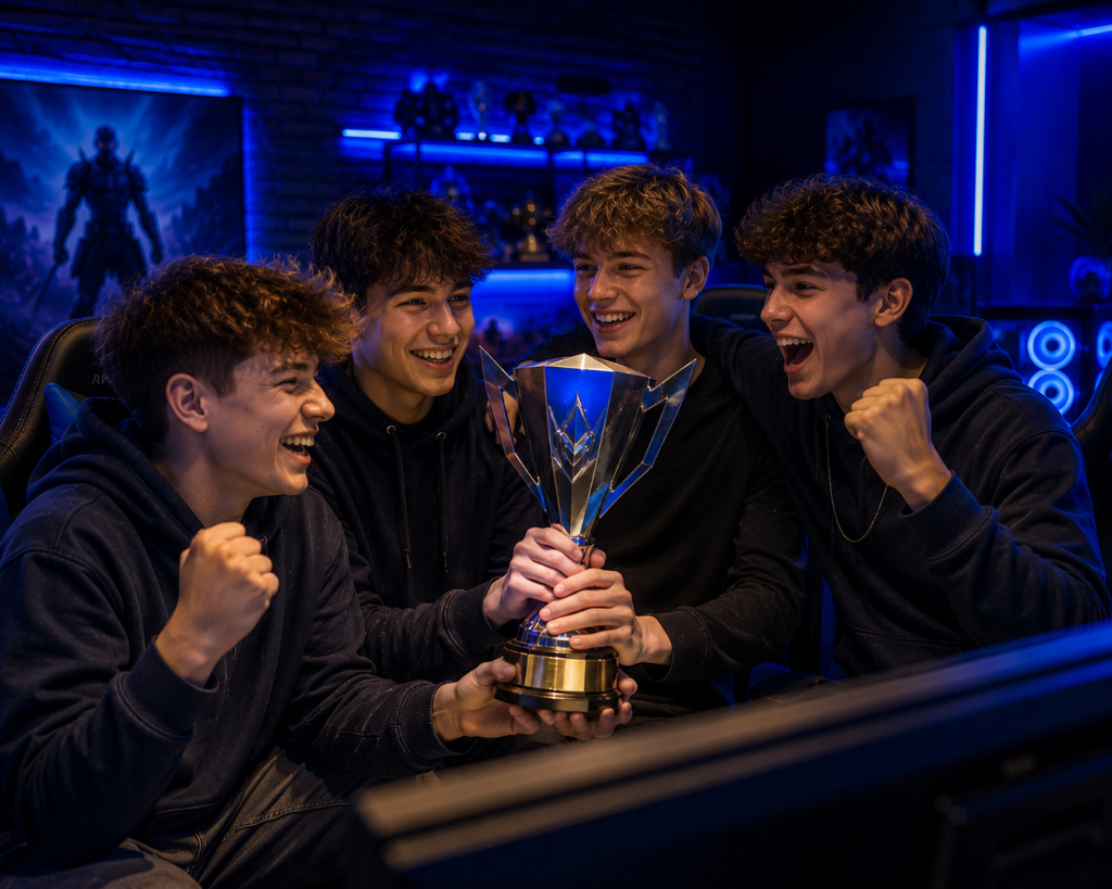 A group of male gamer friends holding a trophy