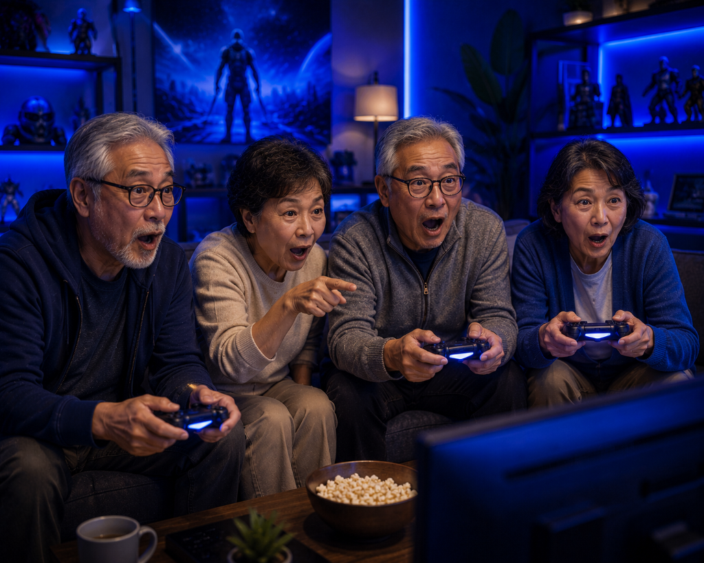 A group of older gamers looking surprised while gaming