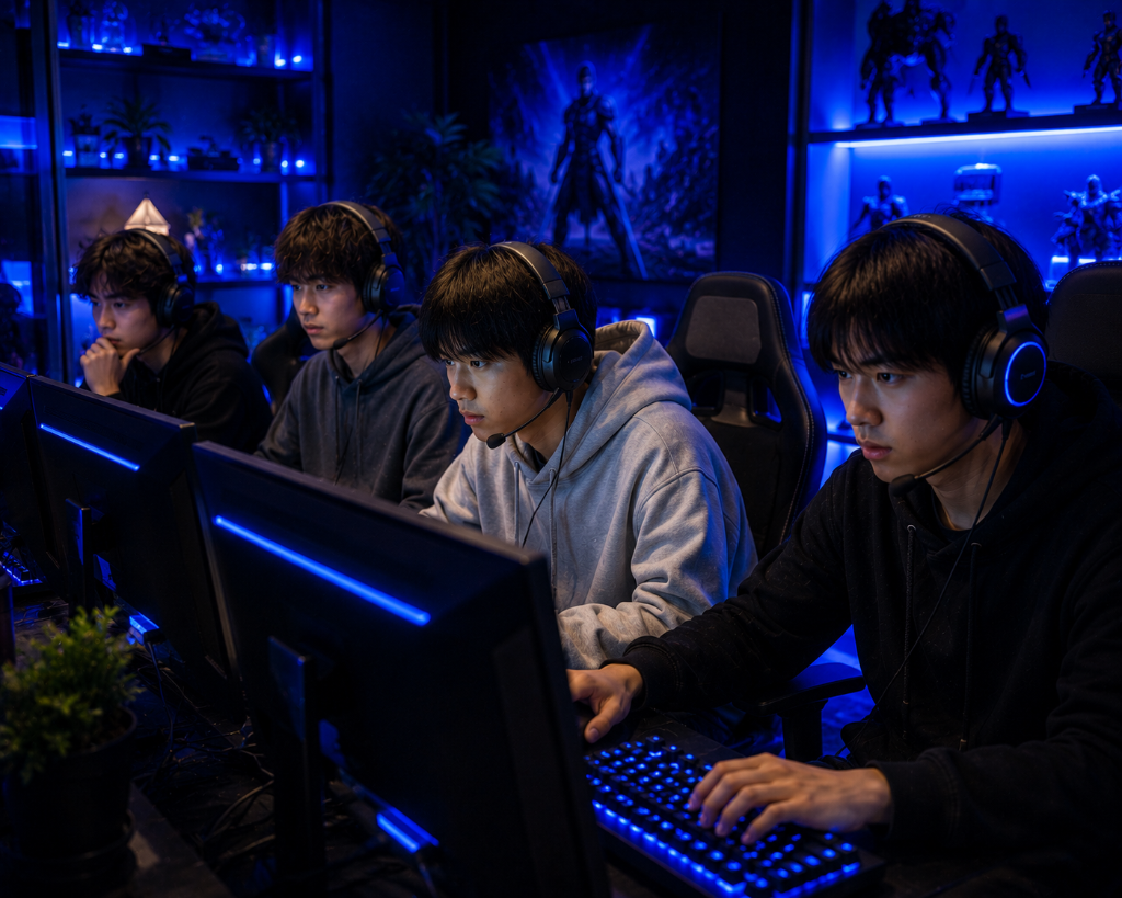 A group of teenage gamers from Japan concentrating on gaming
