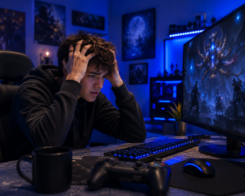 A male teenager showing frustration after playing a complex game