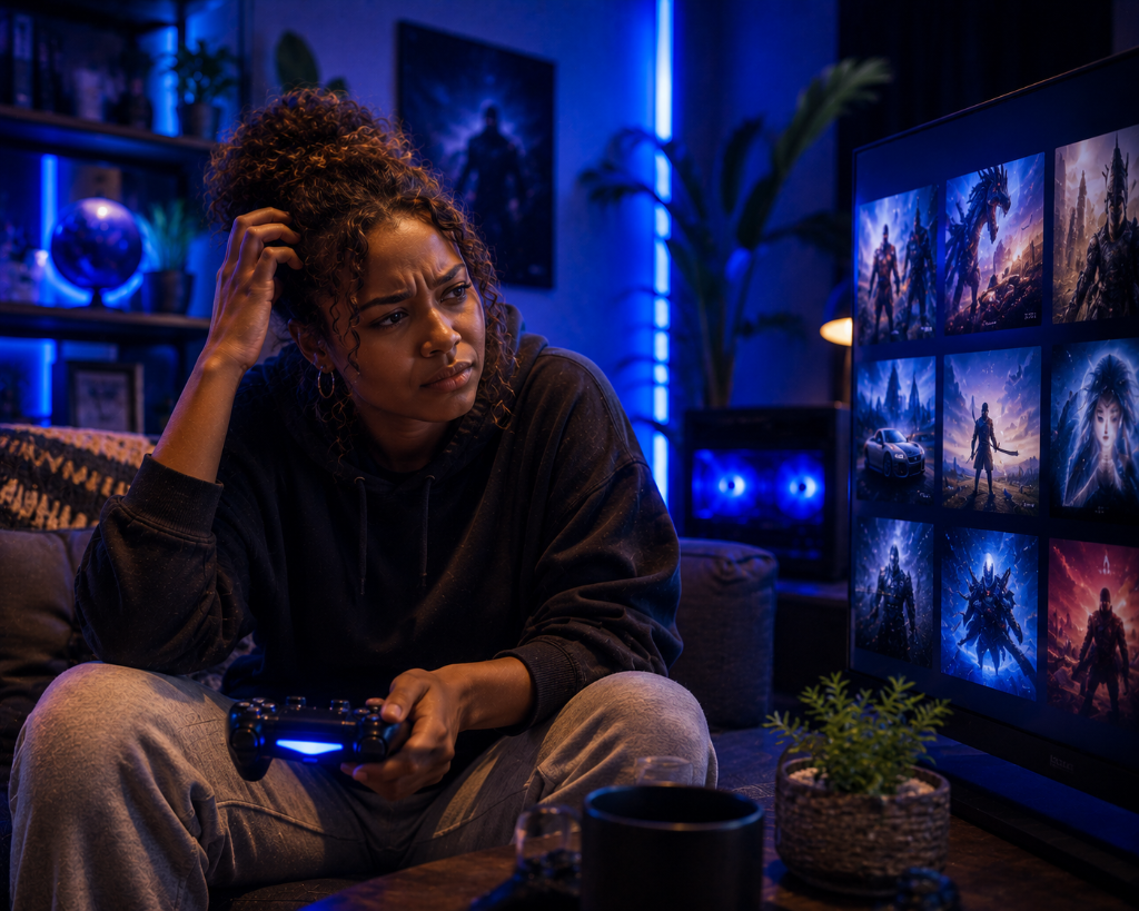Adult female gamer from South Africa trying to choose a game