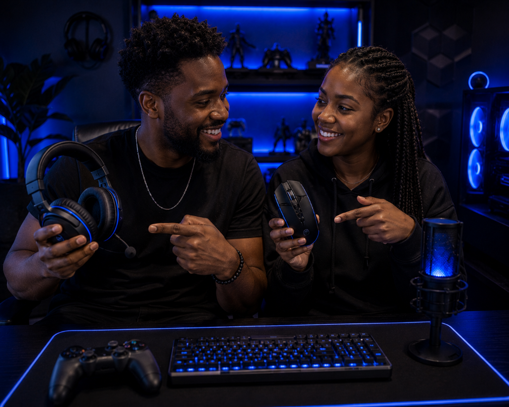 An adult couple from Nigeria pointing at gaming accessories