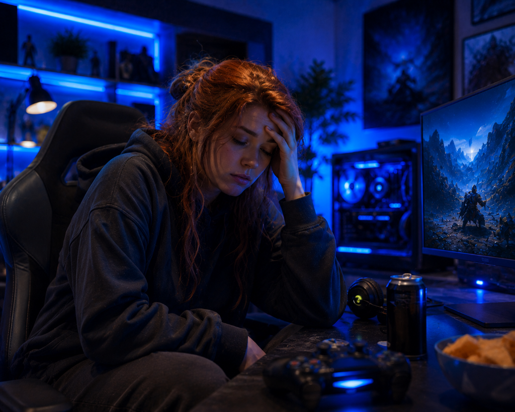 An adult female gamer tired of too much gaming