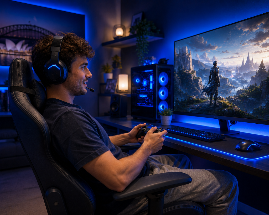 An adult from Australia playing in a comfortable gaming chair