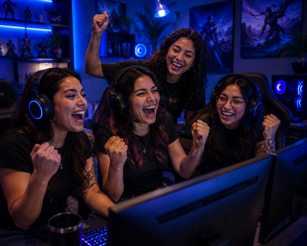 An adult group of female gamers from Mexico, cheering with motivation