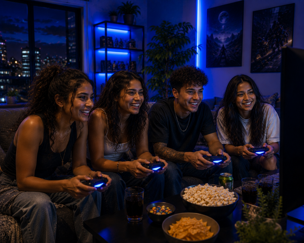 An adult group of friends from Brazil gaming