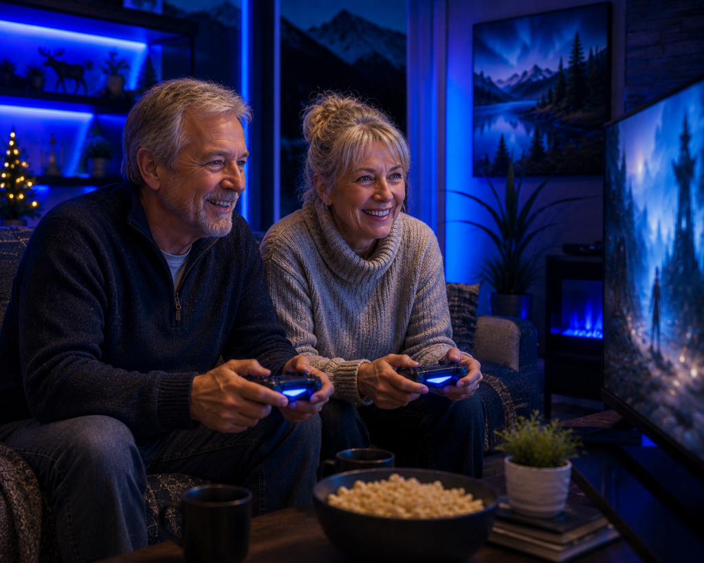 An older adult couple from Canada gaming
