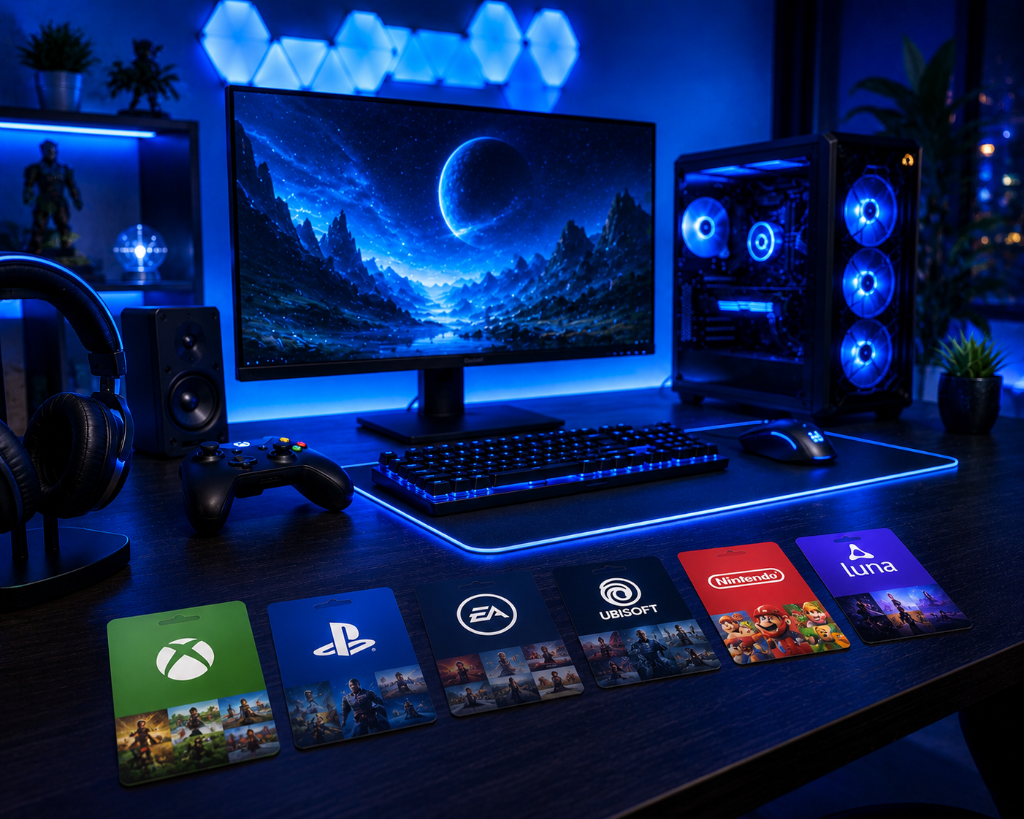 Game subscription cards in a row on a gaming desk