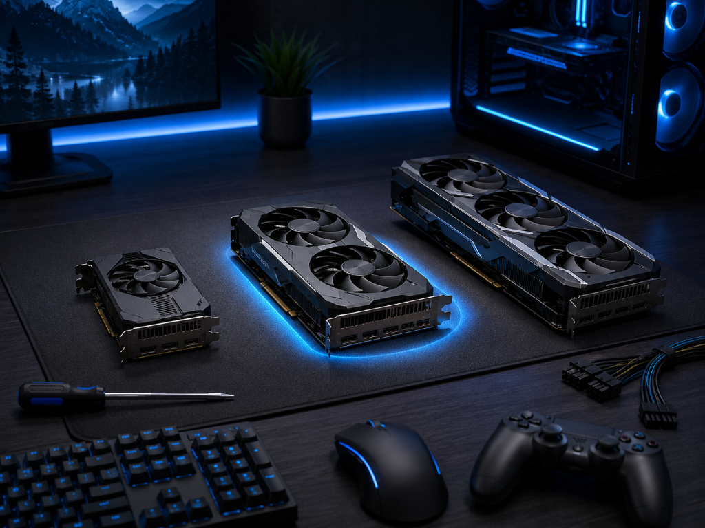 Semi-realistic GPU tier comparison showing entry-level, mid-range, and high-end graphics cards side by side on a blue-lit gaming desk with keyboard, mouse, controller, power cables, screwdriver, monitor, and PC tower for beginner buying decisions.