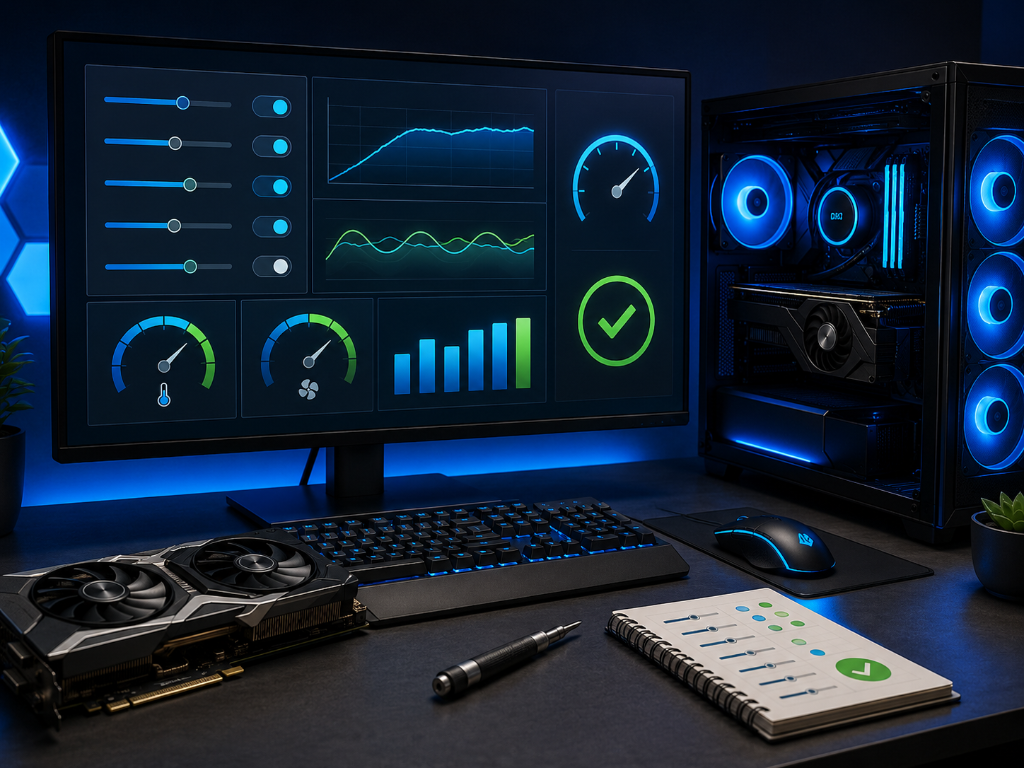 Semi-realistic gaming setup showing GPU optimization controls on a monitor, a blue-lit PC tower, graphics card, keyboard, mouse, screwdriver, and tuning checklist for balancing performance and stability.
