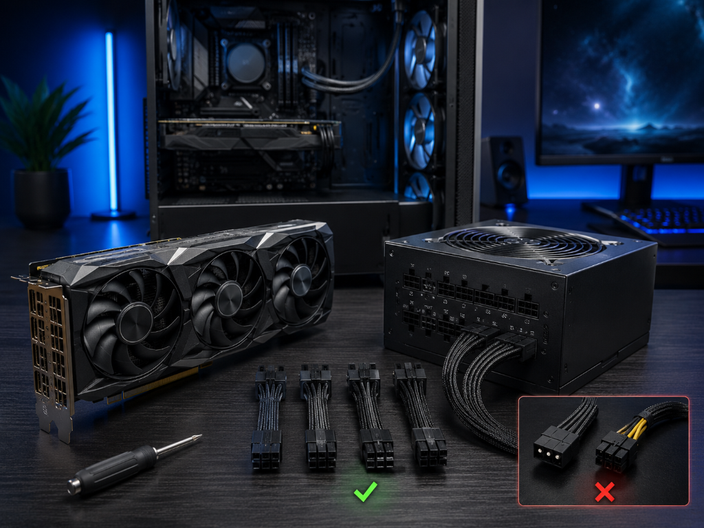 Semi-realistic PSU and GPU requirements setup showing a graphics card, modular power supply, correct PCIe power cables, incompatible cable warning, screwdriver, and open blue-lit PC tower for beginner compatibility checks.
