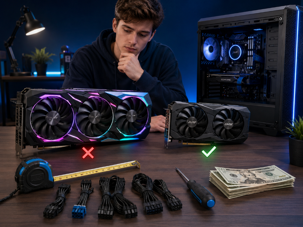 A male gamer deciding on which graphic card to buy