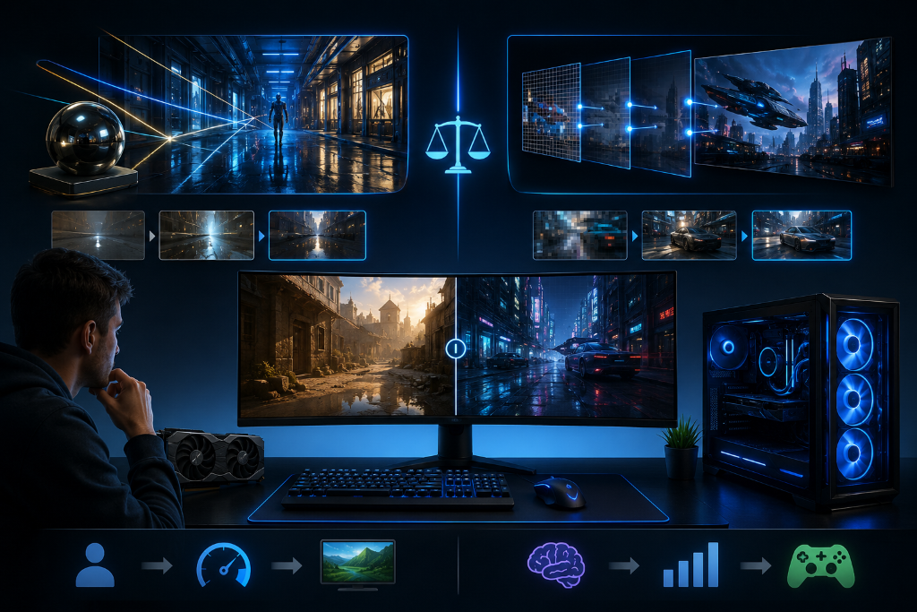 Semi-realistic gaming setup showing ray tracing and DLSS/FSR comparison panels, with realistic lighting, image upscaling, performance indicators, a blue-lit PC tower, GPU, monitor, keyboard, and mouse for beginner graphics decisions.