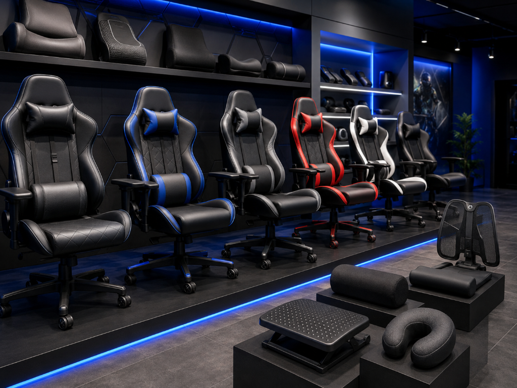 A row of gaming chairs in a shop