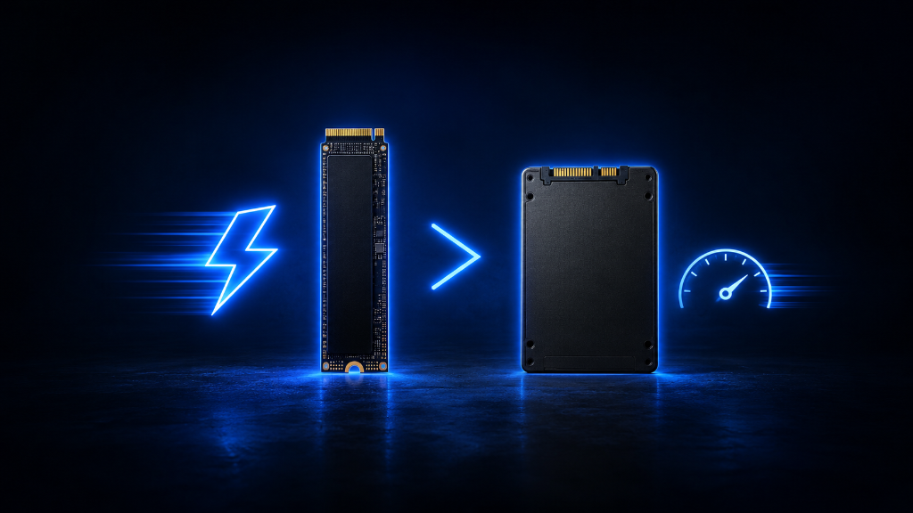 Semi-realistic comparison image showing an NVMe SSD and SATA SSD with glowing speed icons on a dark black and blue background, illustrating whether faster storage speed matters for beginner gaming setups.