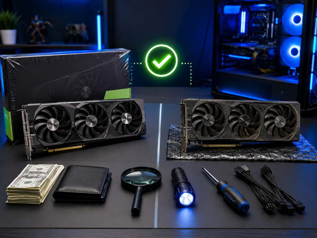 Semi-realistic used vs new GPU comparison showing a new graphics card with packaging next to a used GPU on an anti-static mat, with cash, wallet, magnifying glass, flashlight, screwdriver, power cables, and a blue-lit PC tower for beginner buying decisions.