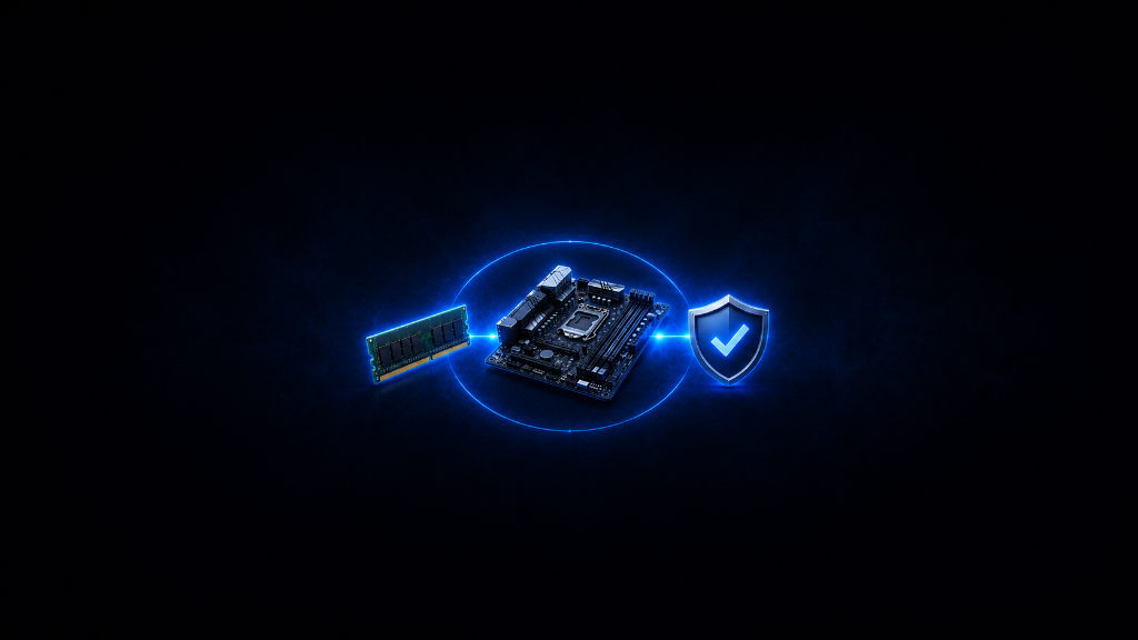 Minimalist semi-realistic illustration of RAM compatibility with a motherboard, featuring a RAM module, motherboard, and compatibility check shield centered on a dark black and blue glowing background, showing how to determine whether RAM will work with a PC motherboard.