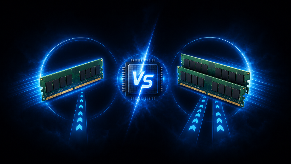 Semi-realistic comparison graphic showing single-channel RAM versus dual-channel RAM for gaming, with one memory module on the left, two memory modules on the right, and a central processor symbolizing performance differences on a dark black and blue glowing background.