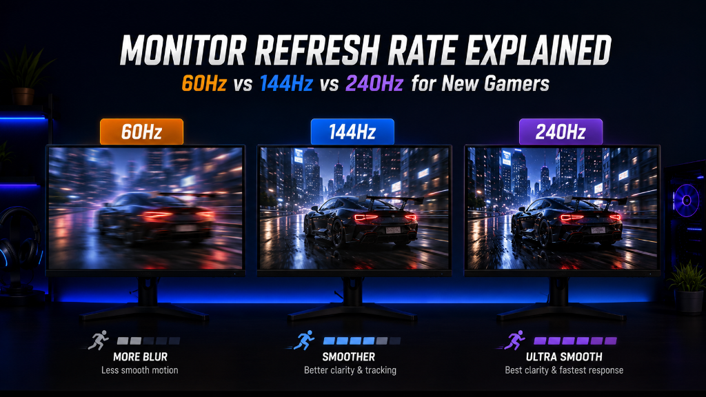 Semi-realistic gaming monitor comparison showing 60Hz, 144Hz, and 240Hz refresh rates side by side. Three monitors display the same fast-moving racing scene with increasing motion clarity and smoothness from left to right. Dark black and blue glowing gaming setup with a clean visual layout designed to help beginners understand how monitor refresh rate affects motion smoothness, responsiveness, and overall gaming experience.