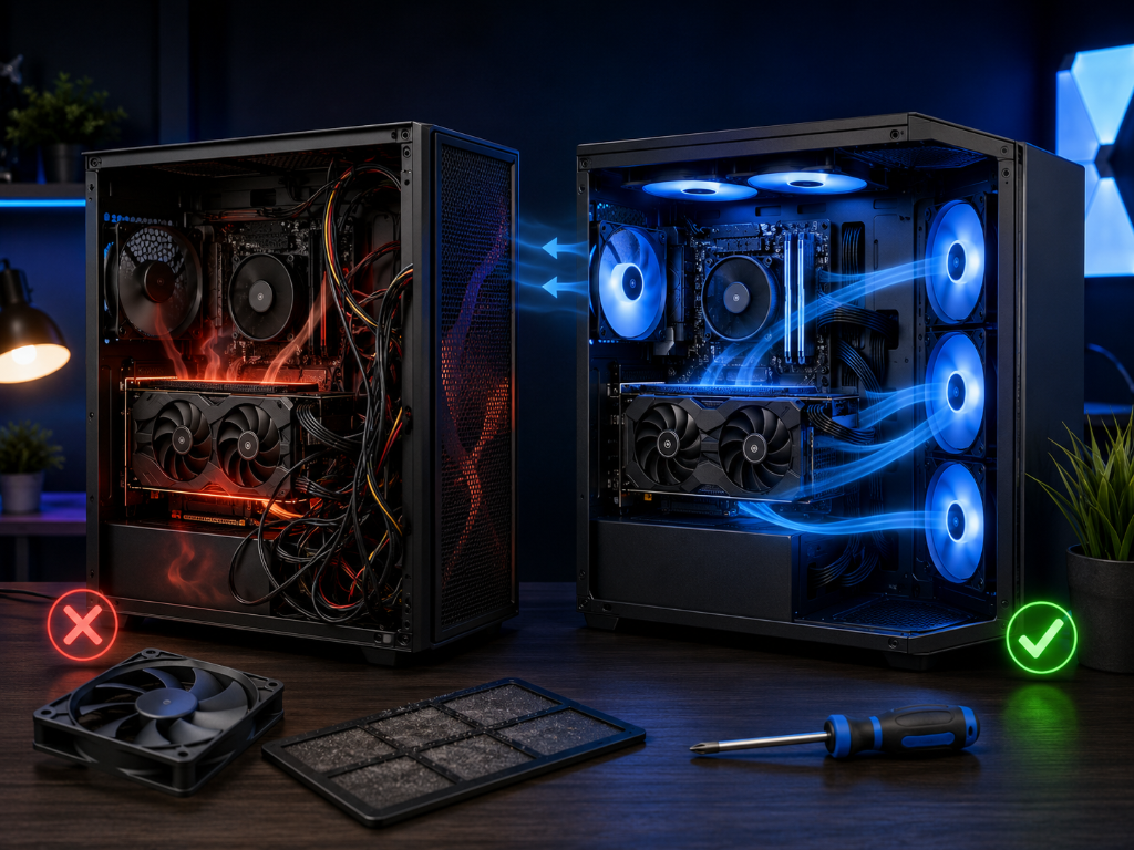Side-by-side gaming PC airflow comparison showing an overheating GPU with messy cables and poor cooling next to a clean PC build with blue airflow, organized cables, extra fans, dust filter, and tools for better GPU cooling.