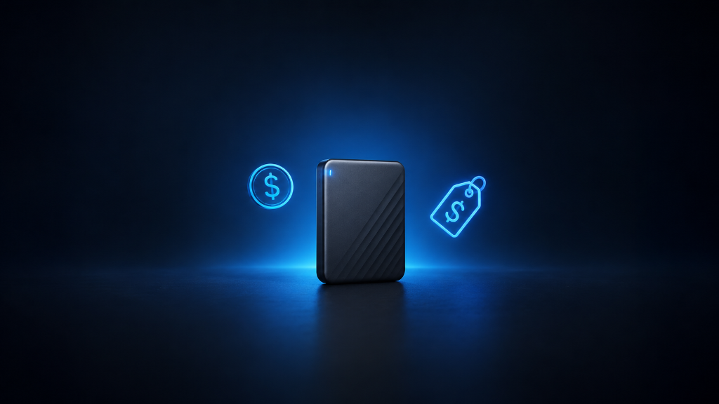 Semi-realistic image showing a centered gaming storage drive with glowing dollar and price tag symbols on a dark black and blue background, illustrating how much beginners should spend on gaming storage.