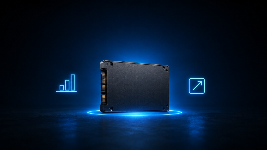 Semi-realistic image showing a centered gaming storage drive with glowing size-related icons, including a bar chart and upward arrow, on a dark black and blue background, illustrating whether beginners need larger storage drives for gaming.