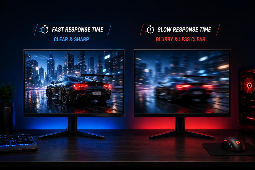 Semi-realistic gaming monitor comparison showing the impact of monitor response time during fast-paced gameplay. Two monitors display the same racing scene, with one showing sharp, clear motion and the other showing noticeable motion blur. Dark black and blue glowing gaming setup with a clean side-by-side comparison designed to help beginners understand whether monitor response time affects visual clarity and gaming performance.