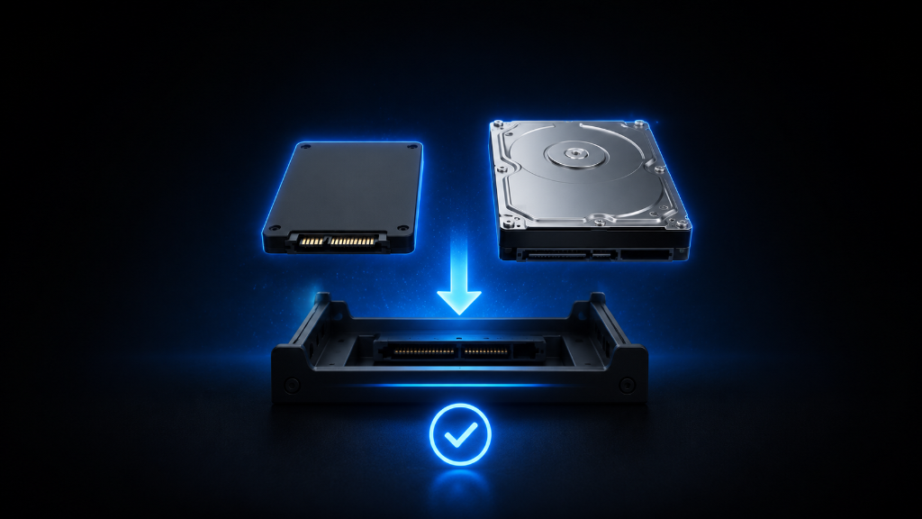 Semi-realistic installation image showing SSD and HDD storage drives above a drive bay with a glowing downward arrow and checkmark, illustrating beginner-friendly storage installation steps.
