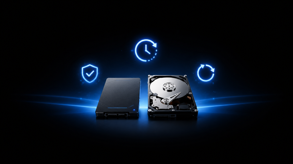 Semi-realistic image showing SSD and HDD gaming storage drives with glowing clock, refresh, and shield icons on a dark black and blue background, illustrating how long storage drives last and how beginners can think about drive lifespan.