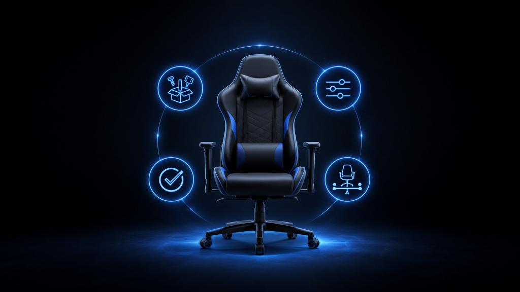 Semi-realistic gaming chair with blue glowing symbols for assembly parts, setup adjustments, balance, and completed beginner chair setup on a dark black and blue background.