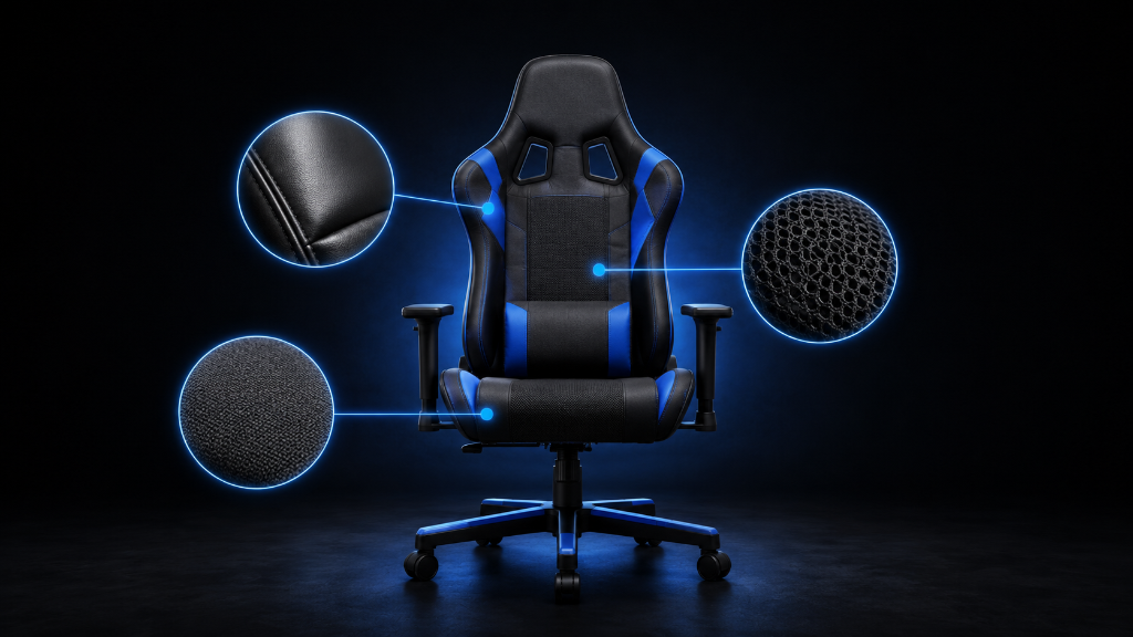 Semi-realistic gaming chair with blue glowing material close-ups comparing leather, fabric, and mesh on a dark black and blue background.