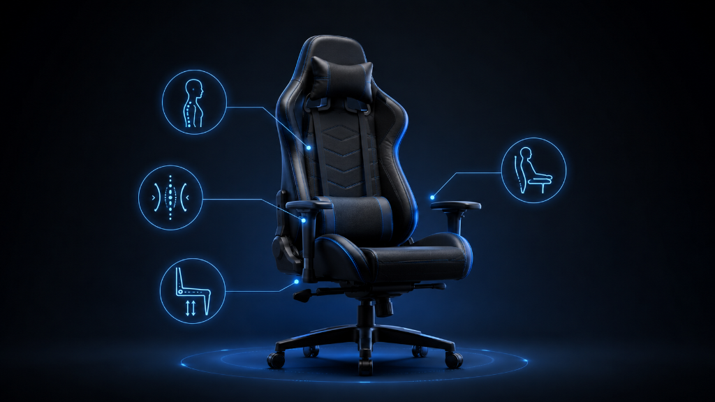 Semi-realistic gaming chair with blue glowing posture symbols for spine alignment, lumbar support, seat height, and proper sitting position on a dark black and blue background.