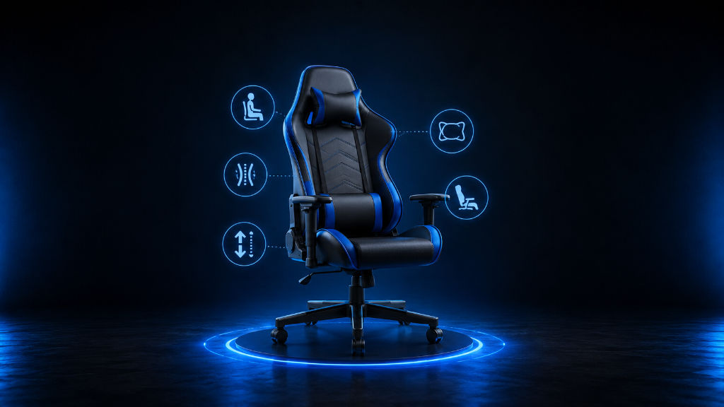 Semi-realistic gaming chair with blue glowing symbols for posture, lumbar support, height adjustment, armrests, and headrest comfort on a dark black and blue background.
