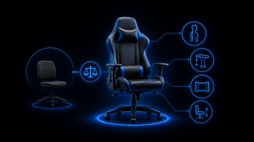 Semi-realistic gaming chair compared with a regular office chair, with blue glowing symbols for posture support, adjustable armrests, lumbar cushion, and seat height.