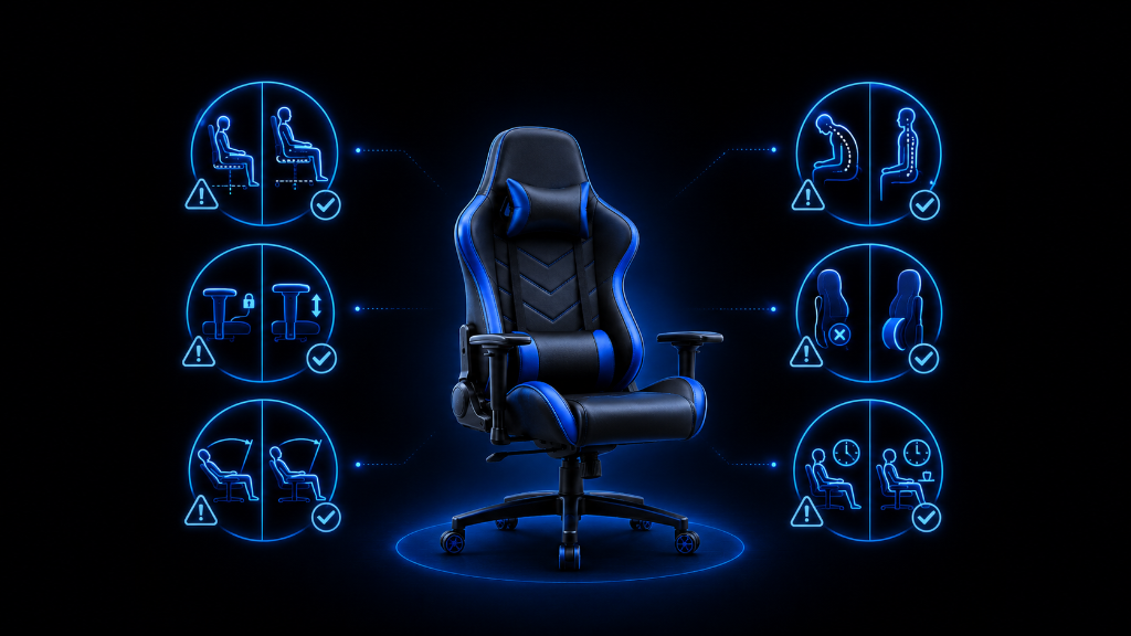 Semi-realistic gaming chair with blue glowing symbols showing beginner mistakes and fixes for posture, seat height, armrests, recline, lumbar support, and long-session breaks.