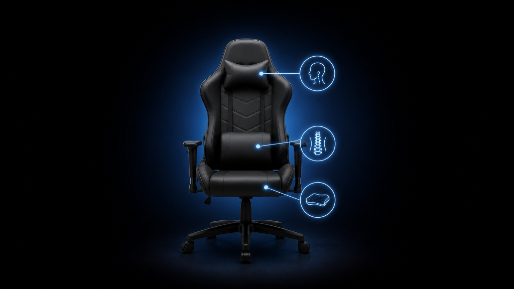 Semi-realistic gaming chair with blue glowing symbols for neck support, lumbar support, and extra cushions on a dark black and blue background.