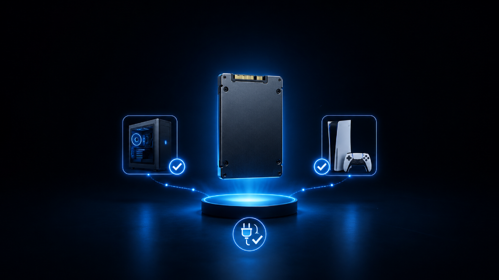 Semi-realistic image showing a centered gaming storage drive with glowing PC, console, plug, and checkmark compatibility icons, illustrating whether a storage drive will work with a beginner’s PC or console setup.
