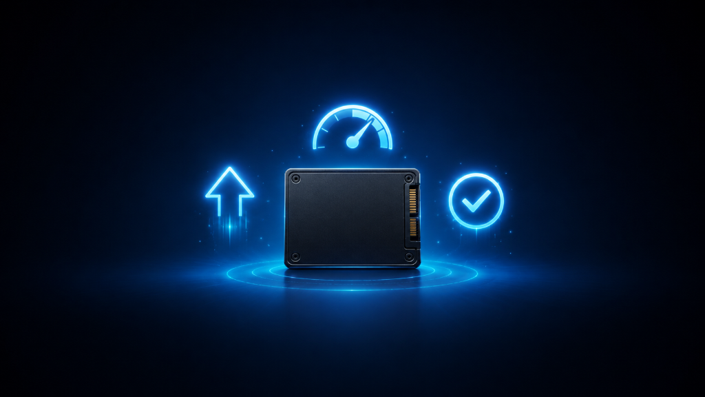 Semi-realistic image showing a centered gaming storage drive with glowing speedometer, upward arrow, and checkmark icons on a dark black and blue background, illustrating how to optimize storage for faster gaming performance.